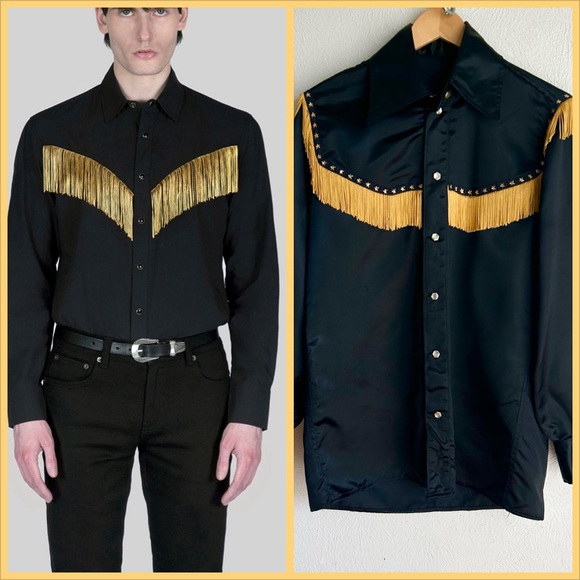 Vintage Other - Vintage > 50's Black Satin Gold Fringe Nolie Western Rockabilly Pearl Snap > L